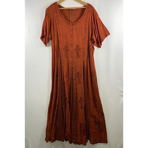 Women Embroidered Tie Back Rayon Maxi Dress 1X Rust Boho Hippie Artisan Festival